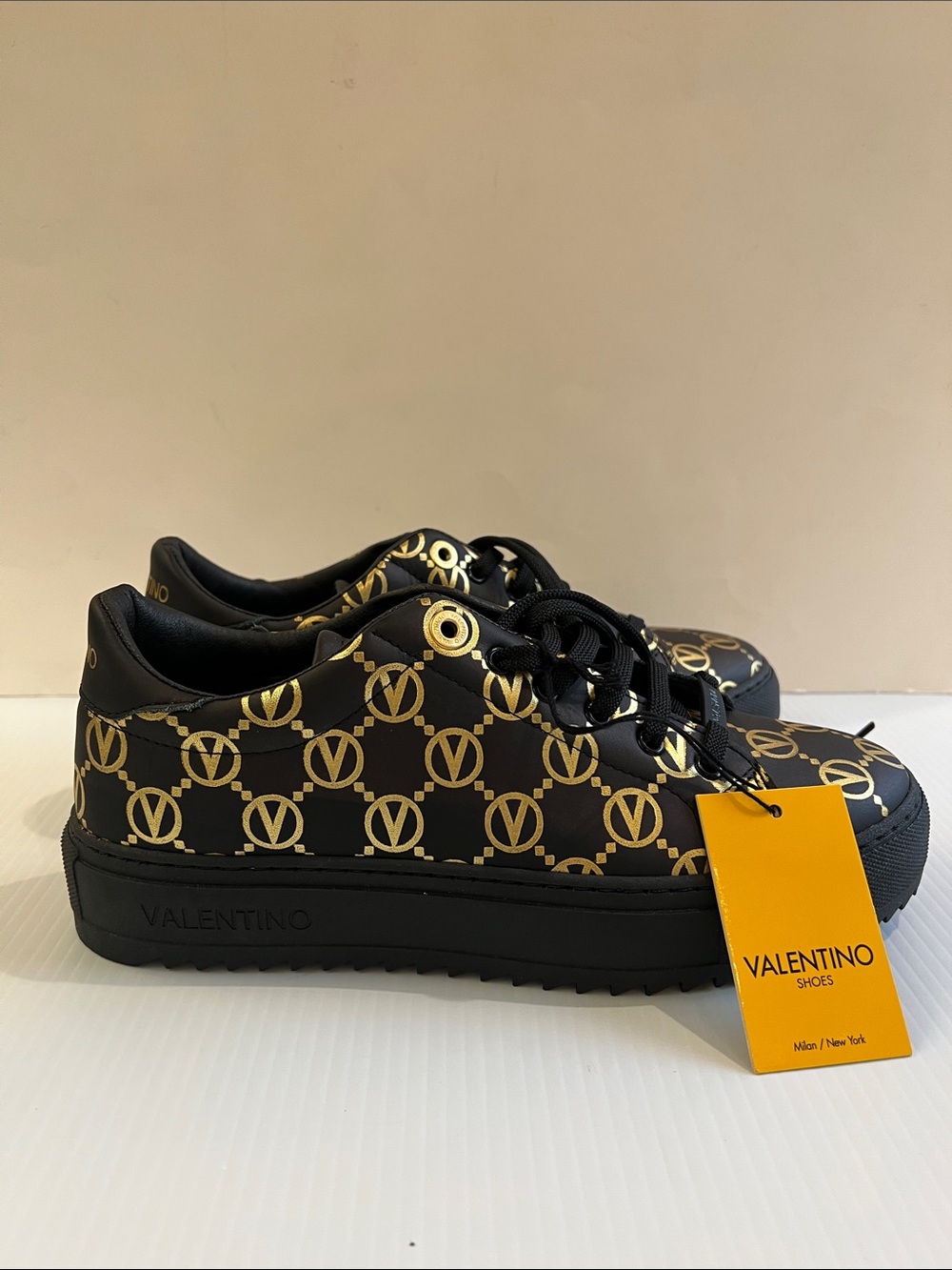 New Valentino Women’s Black Sneakers with Gold Logo in Size 10 - Picture 4 of 6